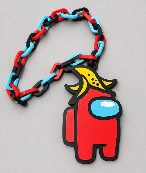 Red gaming character custom chain with red, blue, and black links
