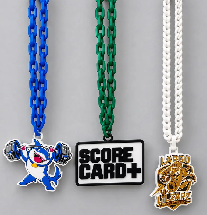 Custom shark, Score Card, and Largo Lil Zapz necklaces